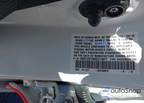 2017 Honda Civic Ex from USA, damaged, VIN 19XFC2F76HE211871